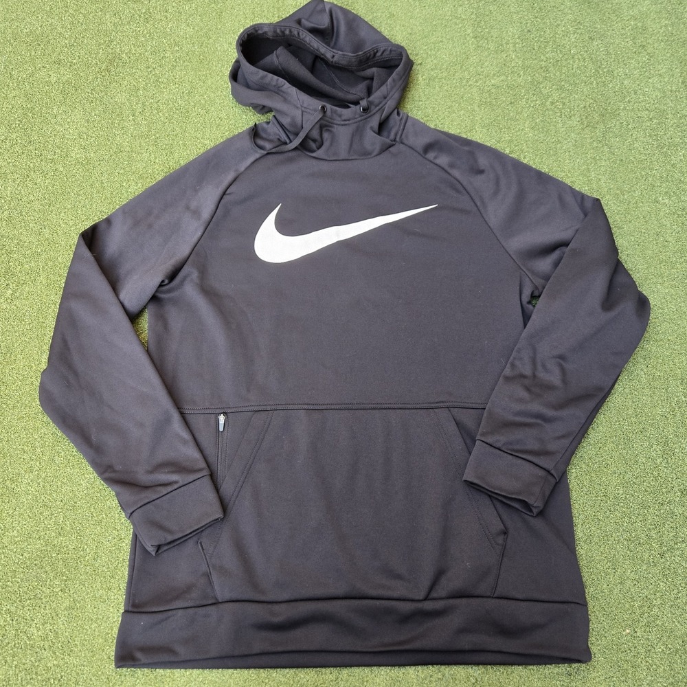 Nike Therma-FIT Hoodie Mens Large Black White Swoosh Sweatshirt Pullover